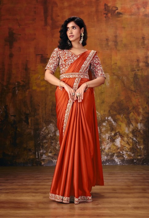Orange Embroidered Wedding Party Designer Saree
